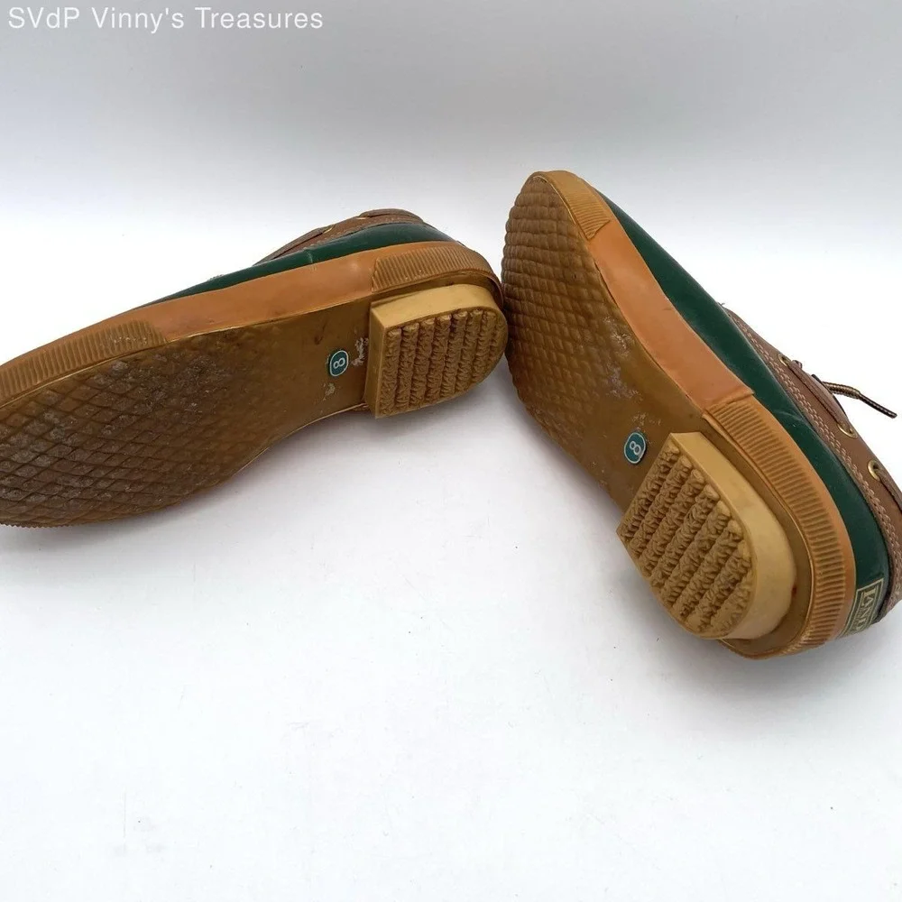 VTG Lands' End Insulated Duck Shoes Sz 8 Green Brown Rubber Leather Sherpa Lined